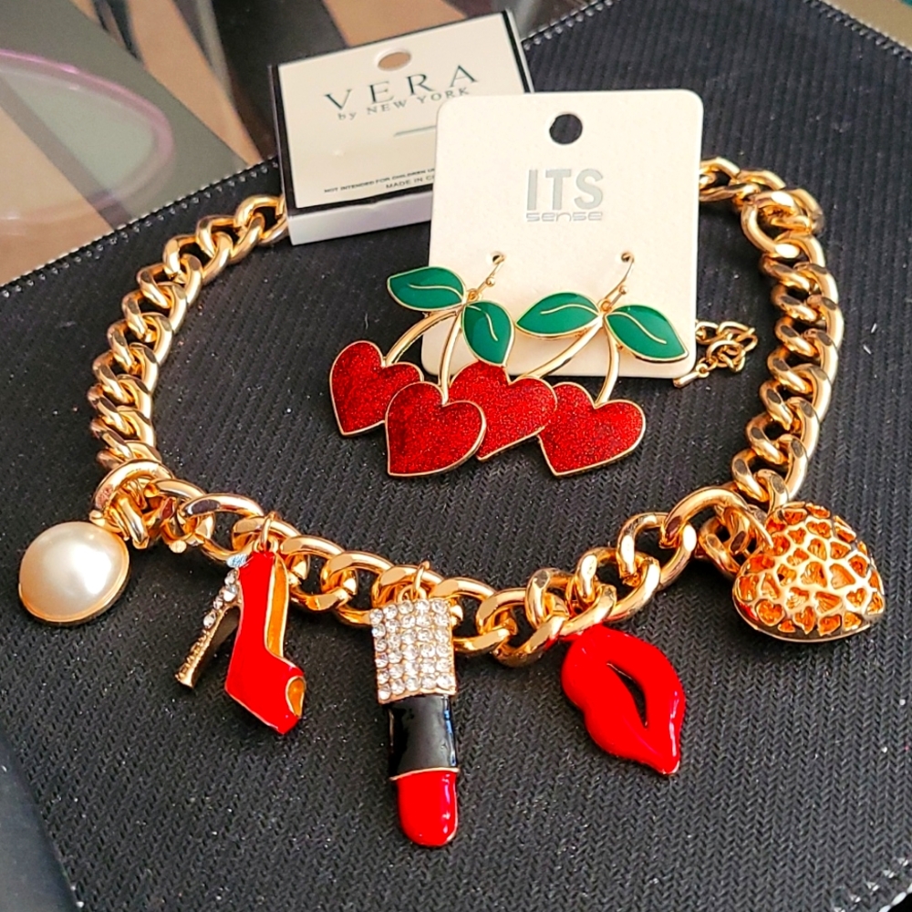 Red Heel Gold Lipstick Charm Chain Necklace and Cherry Heart Earrings.